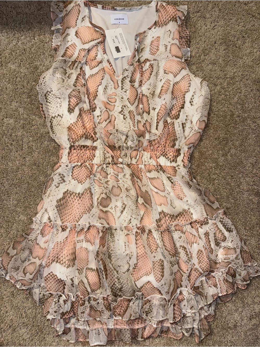 Adrienne Women’s Sleeveless Snake-Print Ruffle Tier Dress in Pink and Cream
